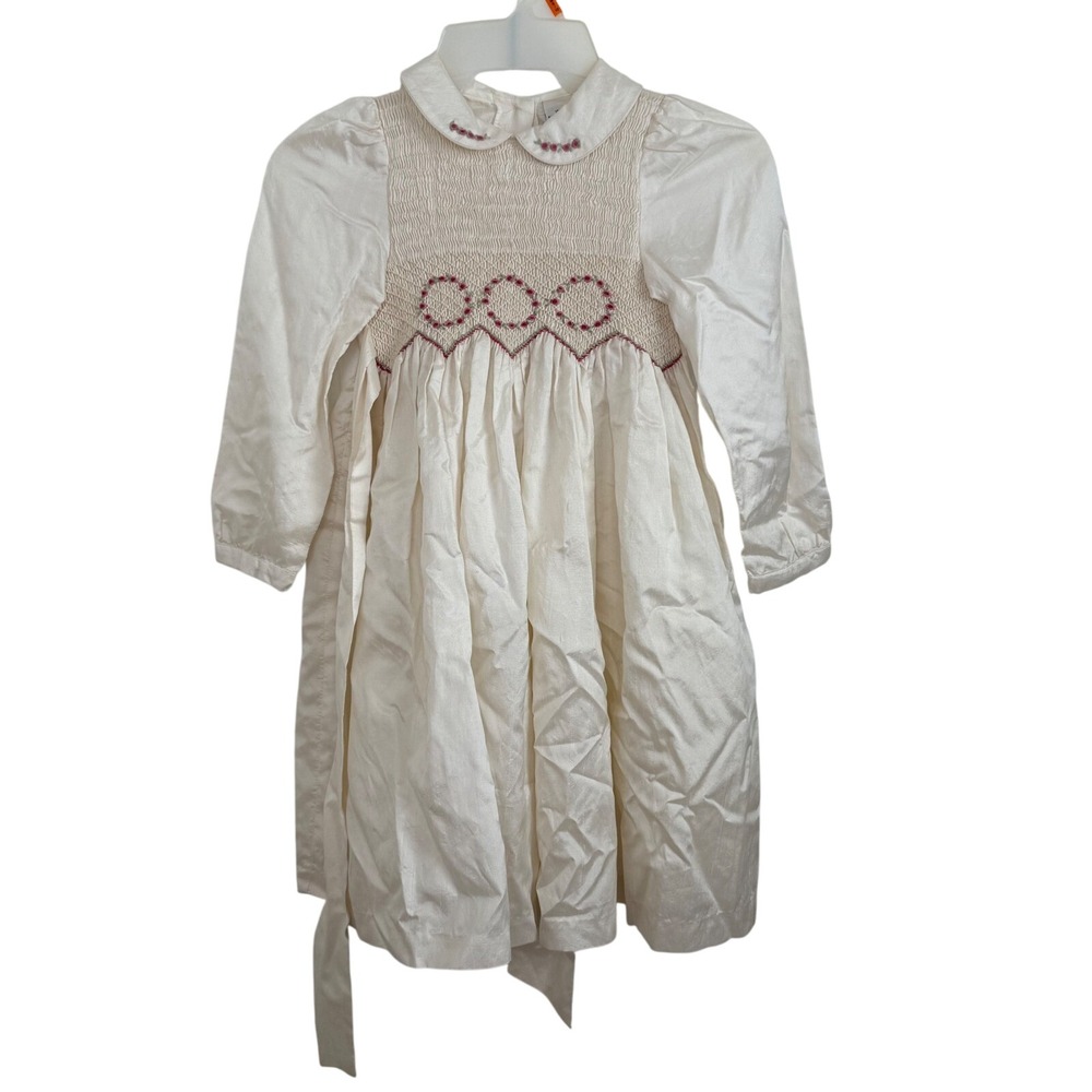 Vintage Laura Ashley Girls 5 Silk Smocked Dress Cream Embroidered Roses 80s‎